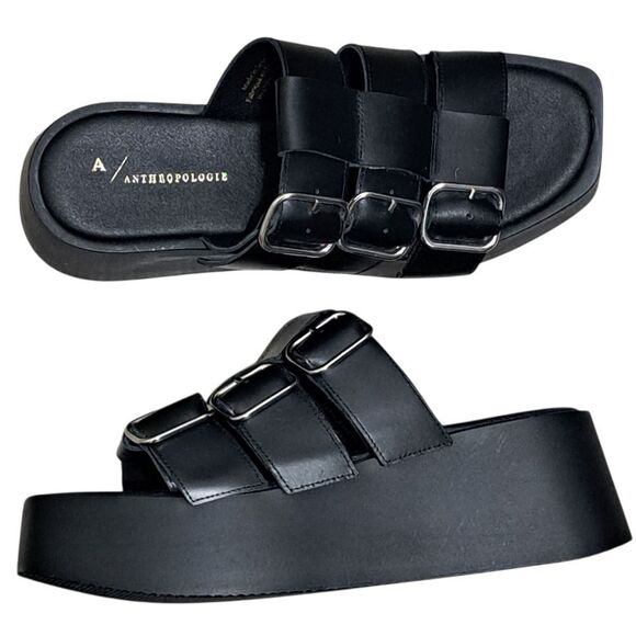 Anthropologie Triple Buckle Straps Chunky Platform Sandals Goth Boho Sz 38 Black - Picture 1 of 16